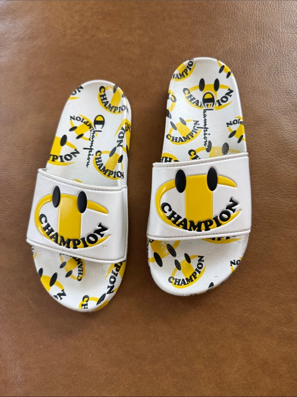Champion White & Yellow Logo Slide Sandals for Kids